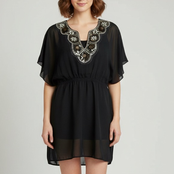Trixxi Dresses & Skirts - Trixxi Juniors 9 Embellished Beaded & Sequin Chiffon Tunic Dress – Dark Gray